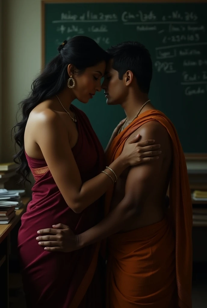 two lovers in school, realistic indian female teacher and young boy student, teacher is 30 years old and student is 1, romancing in the class table. the girl is wearing plain yellow sheer transparent simple sari, showing naked boobs and nipples, nude boobs, she is not wearing bra, young boy is hugging from behind and groping her breast from behind, nsfw ((nsfw 1:5))
