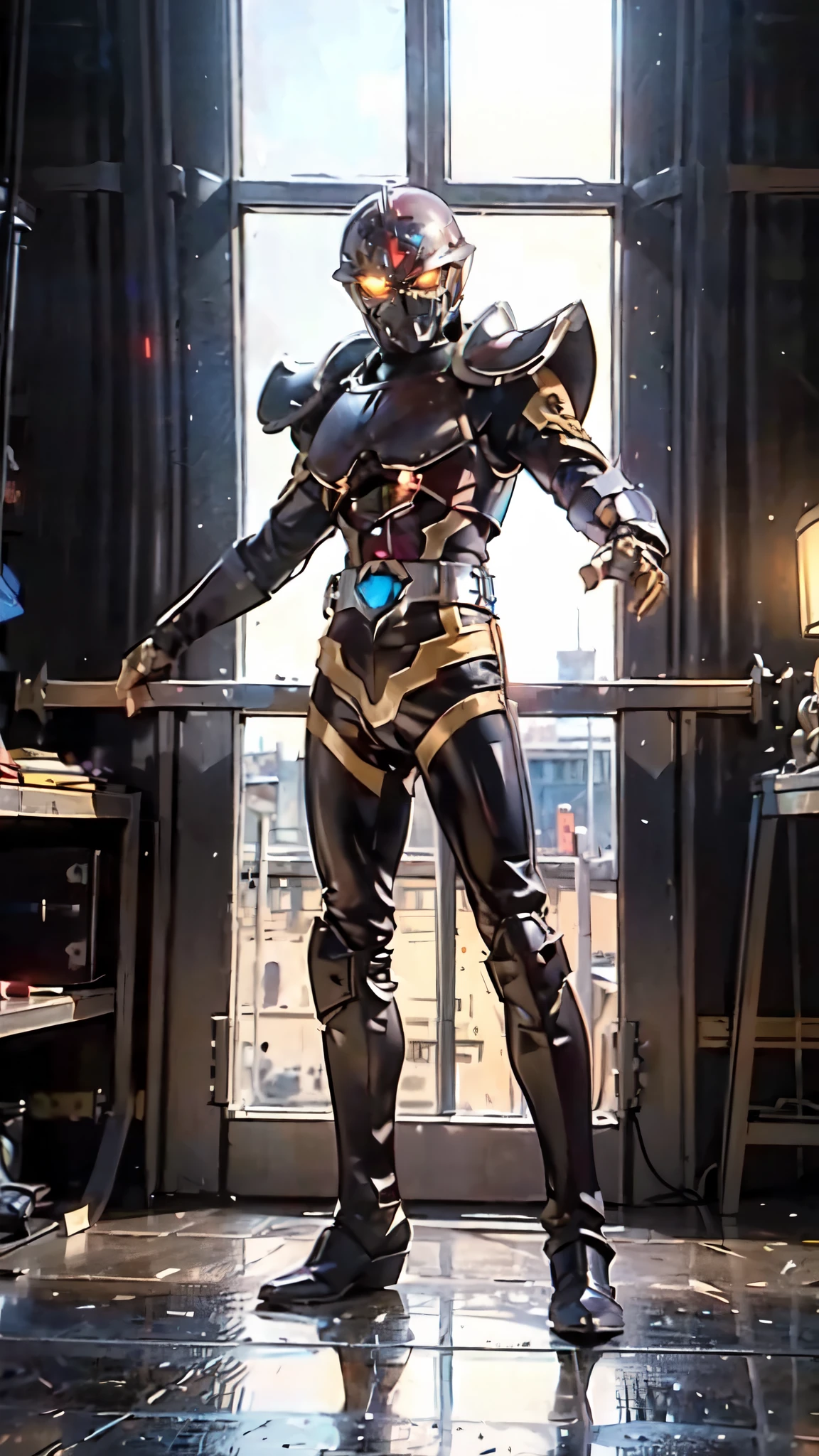 (masterpiece:1.5, best quality:1.5, extremely delicate:1.5), ((male:1.5)), a man wearing a full-face helmet, green eyes, fantasy-style high-tech biomimetic armored combat suit, (a composite layered chest armor), the design balances heavy with agility, fully enclosed shoulder guards, matching arm and leg guards, a belt of gemstone, (the color scheme is primarily White with Blue and Red accents, Organic Biotech, Concept Inspired by Skull, glowing eyes, armor glows, stand of a futuristic sci-fi city), this character embodies a finely crafted fantasy-style armored hero in anime style, exquisite and mature art style, metallic, high definition, highres, ultra-detailed, ultra-fine painting, professional, perfect body proportions, golden ratio, anatomically correct, symmetrical face, extremely detailed eyes and face, high quality eyes, creativity, RAW photo, UHD, 32k, Natural light, cinematic lighting, masterpiece-anatomy-perfect