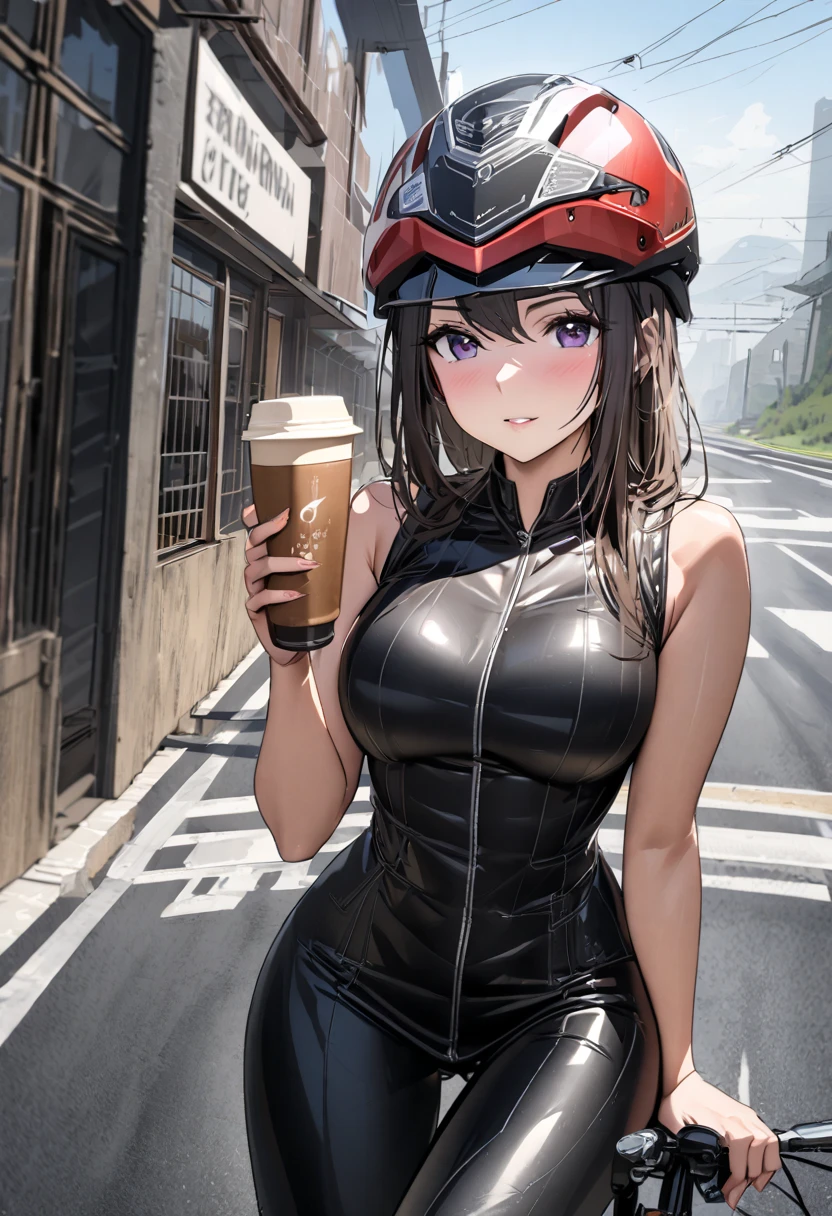 Highway road, beautiful woman, tight dress, lean on the bike, latte coffee in hand, helmet on bike, behind them a coffee house 