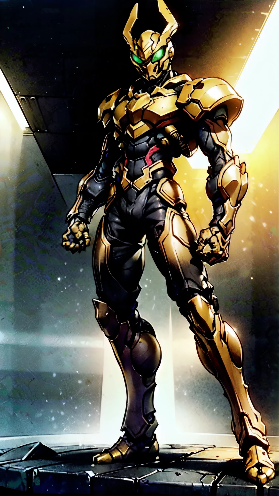 (masterpiece:1.5, best quality:1.5, extremely delicate:1.5), ((male:1.5)), a man wearing a full-face helmet, green eyes, fantasy-style high-tech biomimetic armored combat suit, (a composite layered chest armor), the design balances heavy with agility, fully enclosed shoulder guards, matching arm and leg guards, a belt of gemstone, (the color scheme is primarily Black with Red and Golden accents, Organic Biotech, Concept Inspired by Insect, glowing eyes, armor glows, stand of a futuristic sci-fi city), this character embodies a finely crafted fantasy-style armored hero in anime style, exquisite and mature art style, metallic, high definition, highres, ultra-detailed, ultra-fine painting, professional, perfect body proportions, golden ratio, anatomically correct, symmetrical face, extremely detailed eyes and face, high quality eyes, creativity, RAW photo, UHD, 32k, Natural light, cinematic lighting, masterpiece-anatomy-perfect