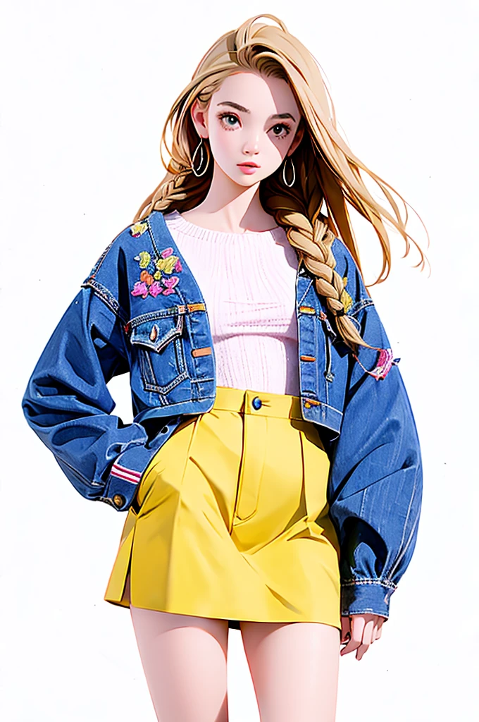  Masterpiece、 high quality,1  girl,girl, high school students、Perfect Portrait 、Open the center of your lips,blonde braids、front view,stand,cropped off-shoulder sweater,shorts