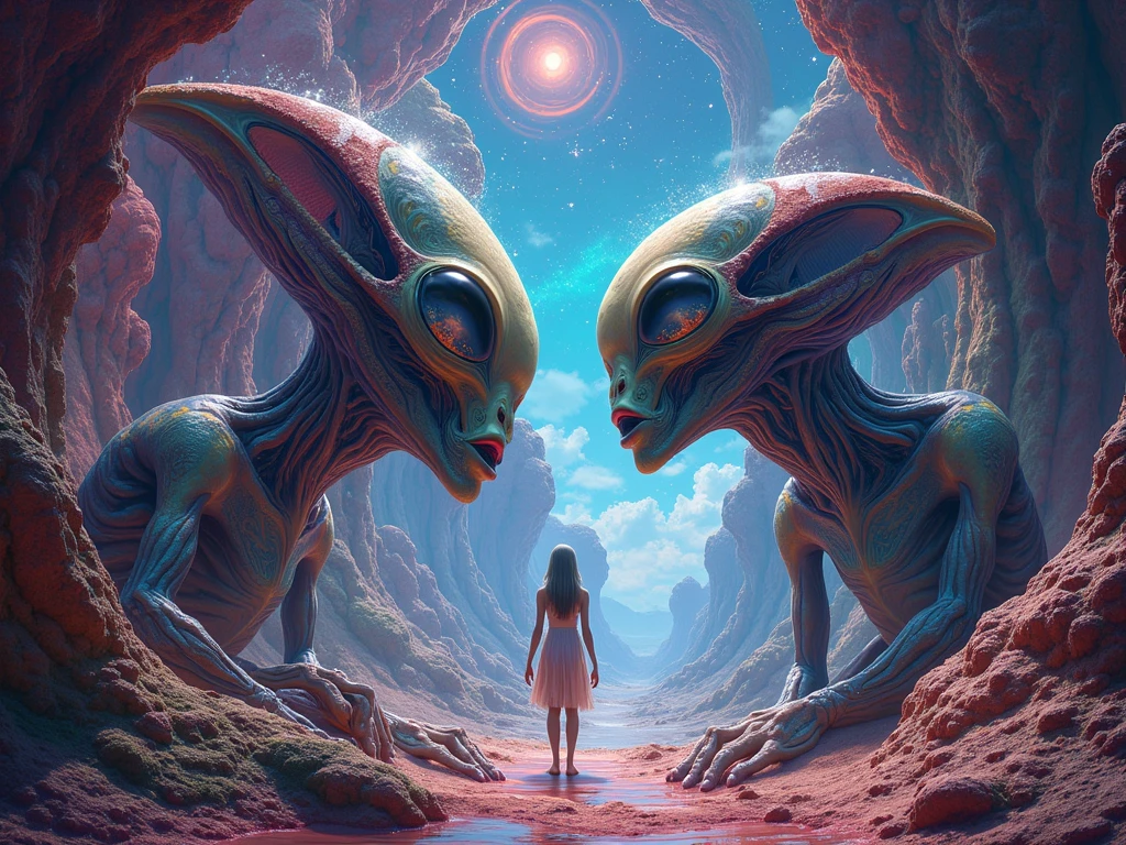 a woman standing in front of a group of alien heads, glowing neon colors purple, turquoise, green iridicent  inspired by Yanjun Cheng, inspired by Russell Dongjun Lu, beeple and james jean, by Russell Dongjun Lu, surreal painting, emotional surrealist art, yuri shwedoff and tom bagshaw, inspired by Jean Malouel, surrealism aesthetic, tom bagshaw style, no face.