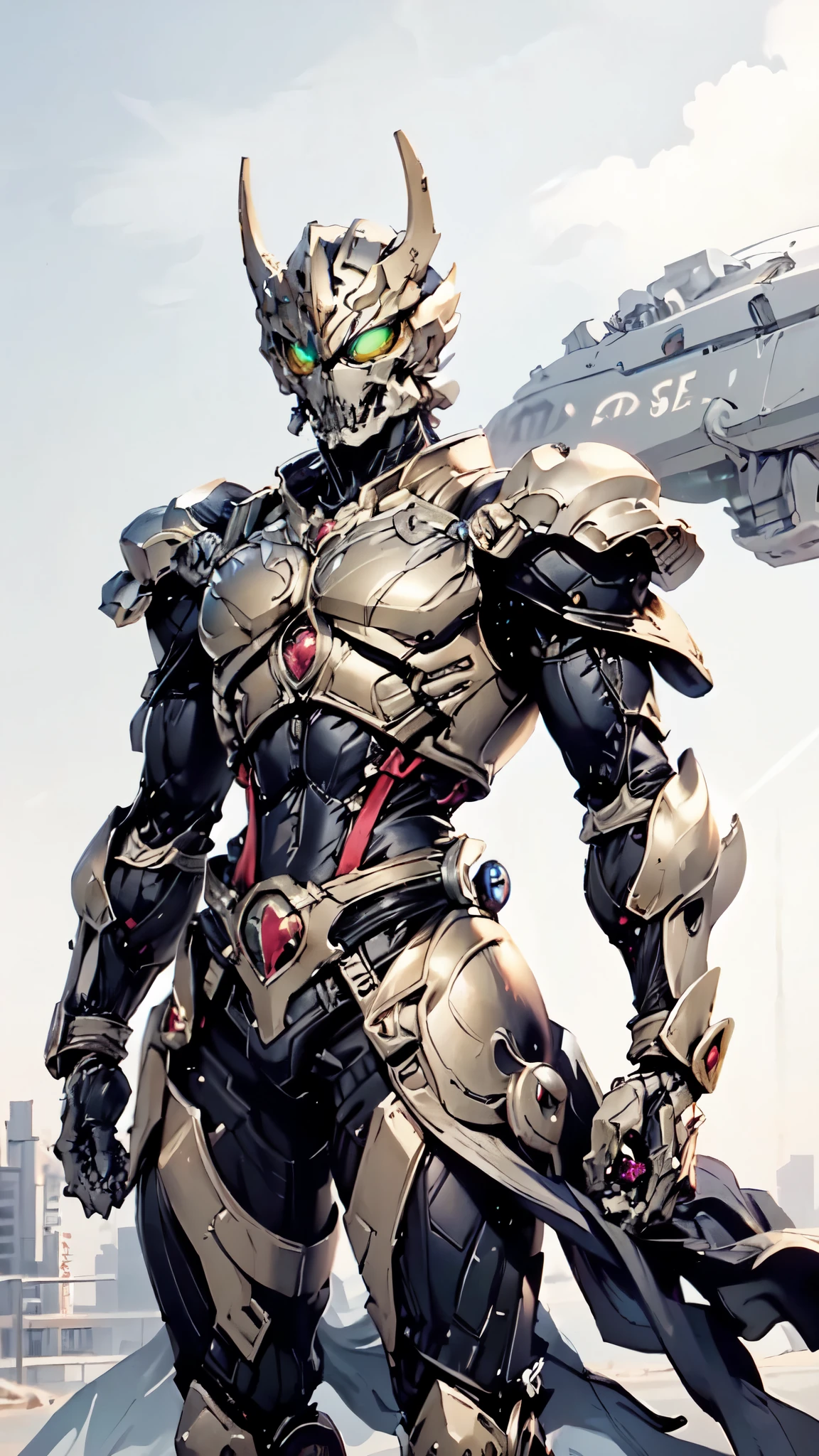 (masterpiece:1.5, best quality:1.5, extremely delicate:1.5), ((male:1.5)), a man wearing a full-face helmet, green eyes, fantasy-style high-tech biomimetic armored combat suit, (a composite layered chest armor), the design balances heavy with agility, fully enclosed shoulder guards, matching arm and leg guards, a belt of gemstone, (the color scheme is primarily White with Blue and Red accents, Organic Biotech, Concept Inspired by Skull, glowing eyes, armor glows, stand of a futuristic sci-fi city), this character embodies a finely crafted fantasy-style armored hero in anime style, exquisite and mature art style, metallic, high definition, highres, ultra-detailed, ultra-fine painting, professional, perfect body proportions, golden ratio, anatomically correct, symmetrical face, extremely detailed eyes and face, high quality eyes, creativity, RAW photo, UHD, 32k, Natural light, cinematic lighting, masterpiece-anatomy-perfect