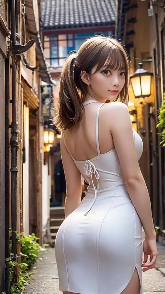 (masterpiece:2.0), (top-quality:2.0), (white Tube top extremely short length dress:1.5), (perfect exposed shoulders:1.5), (perfect exposed nape:1.5), (super sexypose:1.5), (blushed face:1.3), (barechested:1.3), (realistic:1.5), 1 , precise small hands, Embarrassed look, light smile, extremely cute girl, innocent face, young face, Clear eyes, Shining eyes, shoulder is visible, small breast, thigh is visible, (The buttocks is visible:1.5), No pubic hair, The beautiful skin, ultra-definition, Top resolution, japan high school student, brown hair