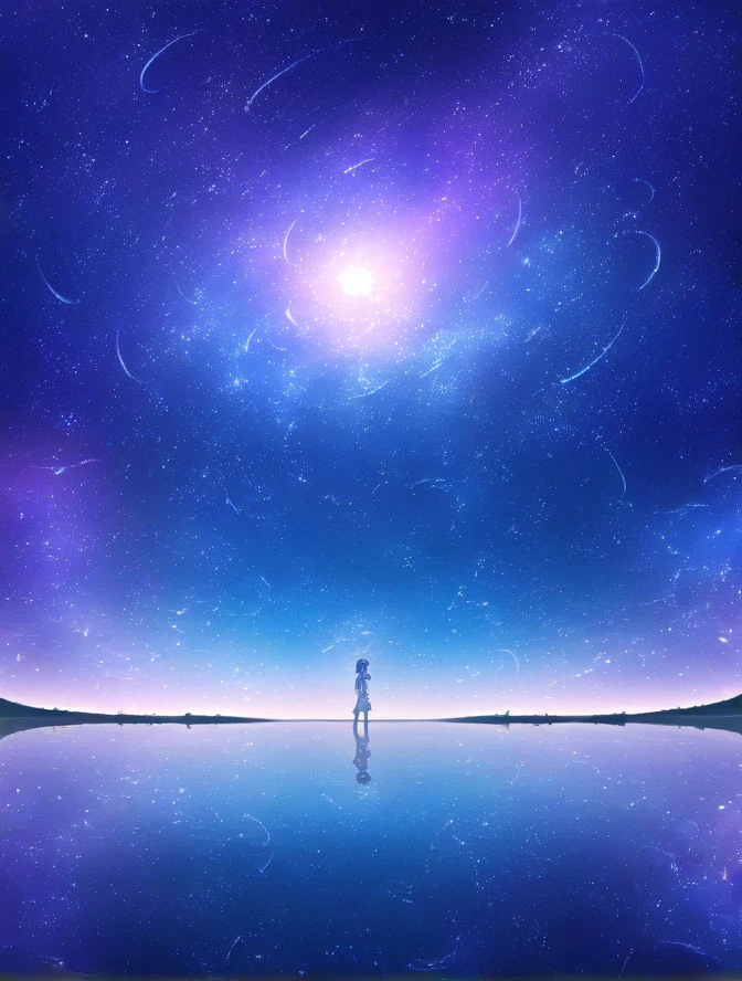 Woman standing in the middle of a lake with the sky in the background,   Humans Exploring Infinite Space  , makoto shinkai cyril rolando, In the astral world ) ) ),  dreamy psychedelic anime, anime art wallpaper 4k,  Anime Art Wallpaper 4K, 4k anime wallpaper,  anime wallpaper 4k , anime wallpaper 4k,  anime girl with space hair , Anime atmosphere