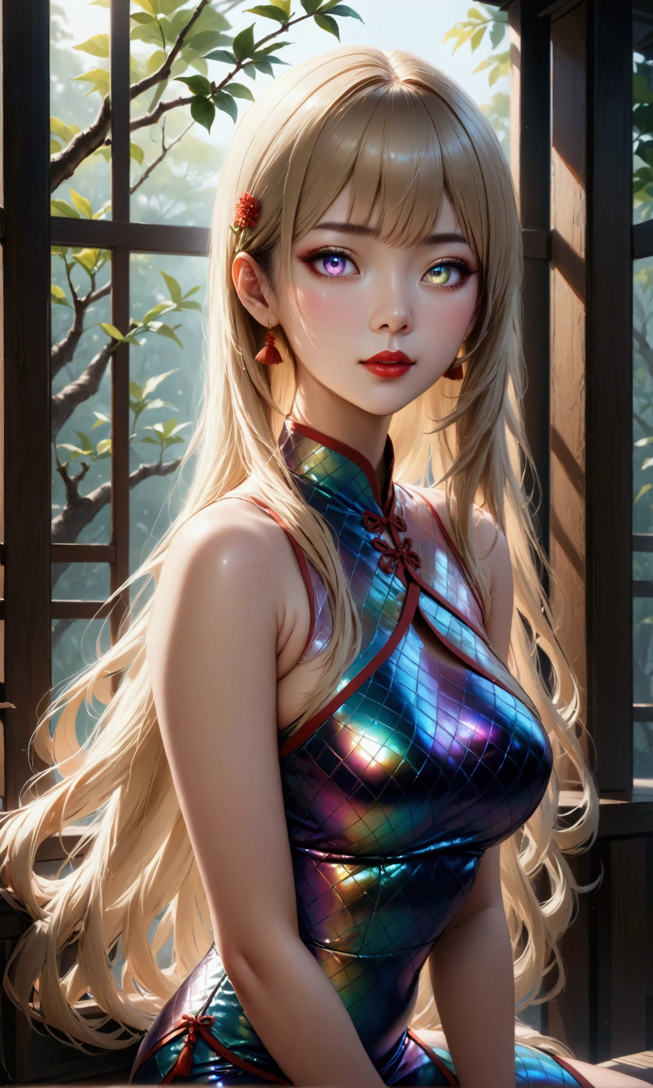 a woman in cheongsam, chinese_clothes, in pink, neon light, mechanical arm, mechanical leg, 1girl, drill hair, long hair, blonde hair, gradient hair, yellow eyes, solo, huge breasts, big hair, blue hair, tiara, divine goddess, looking at viewer, indoors, cyberpunk city, Headdress, hair ornament, a high-tech city, full of machinery and futuristic element, futurism, technology, sitting on sofa, astraea, cyberhanfu