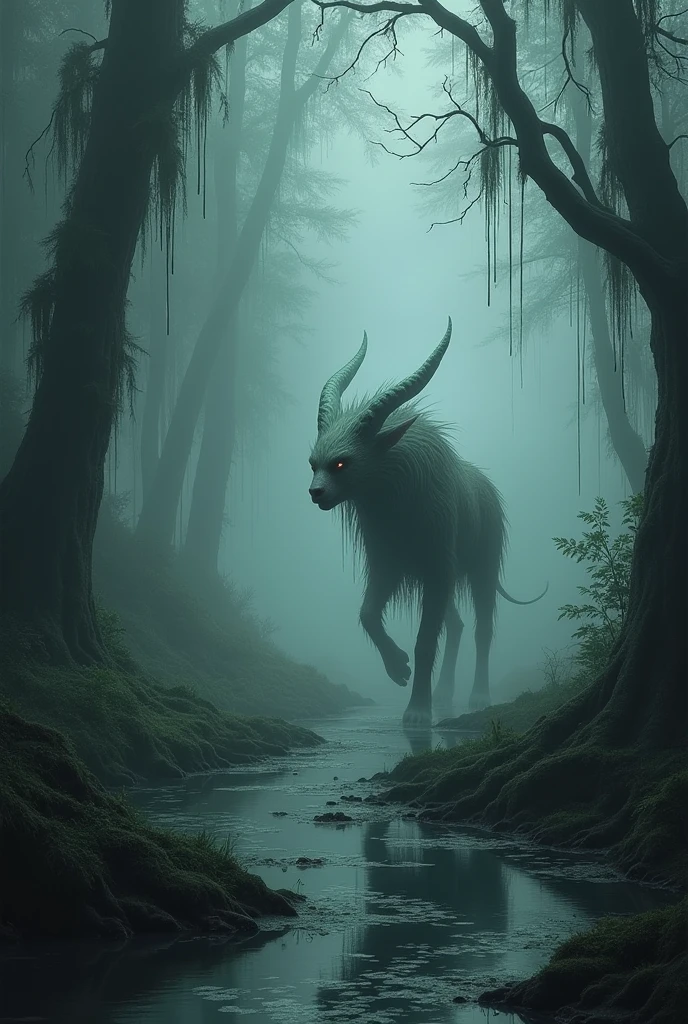 The goblin sits on a stump, wild goats graze near it, everything is in a dark and gothic style