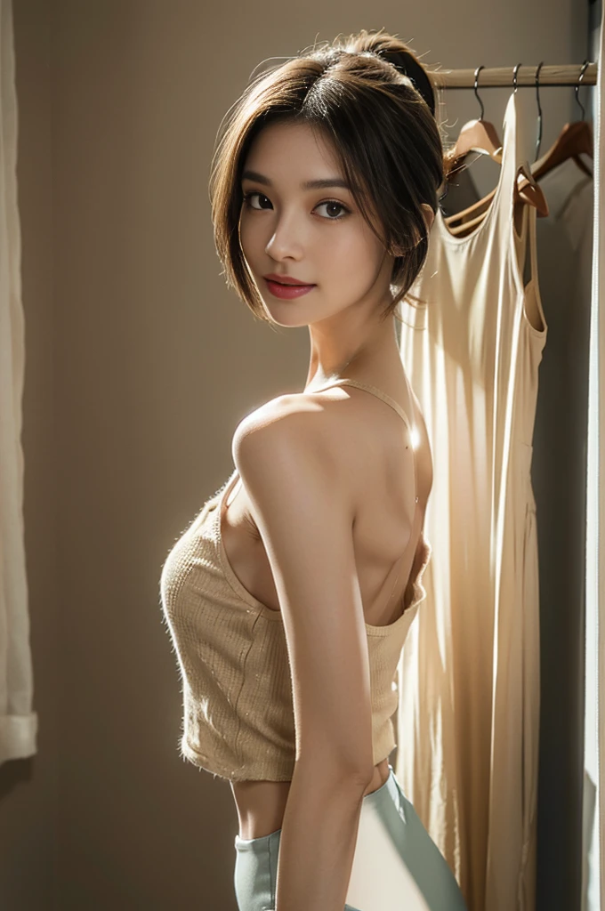 ((shoulder-length straight bob hair)),((very short ponytail)),Extremely meticulous CG),(((8k))),wallpaper,((Extremely refined and beautiful)),(((Masterpiece))),(((best qualtiy))),(((Ultra High Resolution))),beautiful light up，Perfect lightning,realistic shaded，[A high resolution],(Smooth and flawless fair skin:1.5),Extremely exquisite facial details,ultra - detailed,A  girl,solo,small head,small face,clear face,Exquisite makeup,at home,(in the clothing room:1.2),(Standing next to a wardrobe:1.3),(many women's clothing hanging in the wardrobe:1.3),(laughing:1.2),(perfect body:1.1),small breasts,flat chest,slim,thin,(beige tank top:1.3),bare back,(beige quarter-cut briefs:1.2),slender leg,(from back:1.2),day scene,dim light,blue green wall