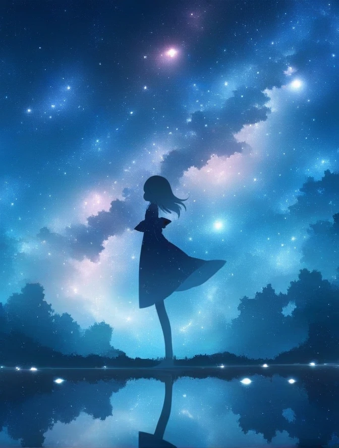 Woman standing in the middle of a lake with the sky in the background,   Humans Exploring Infinite Space  , makoto shinkai cyril rolando, In the astral world ) ) ),  dreamy psychedelic anime, anime art wallpaper 4k,  Anime Art Wallpaper 4K, 4k anime wallpaper,  anime wallpaper 4k , anime wallpaper 4k,  anime girl with space hair , Anime atmosphere、profile、 full body shown、Standing sideways