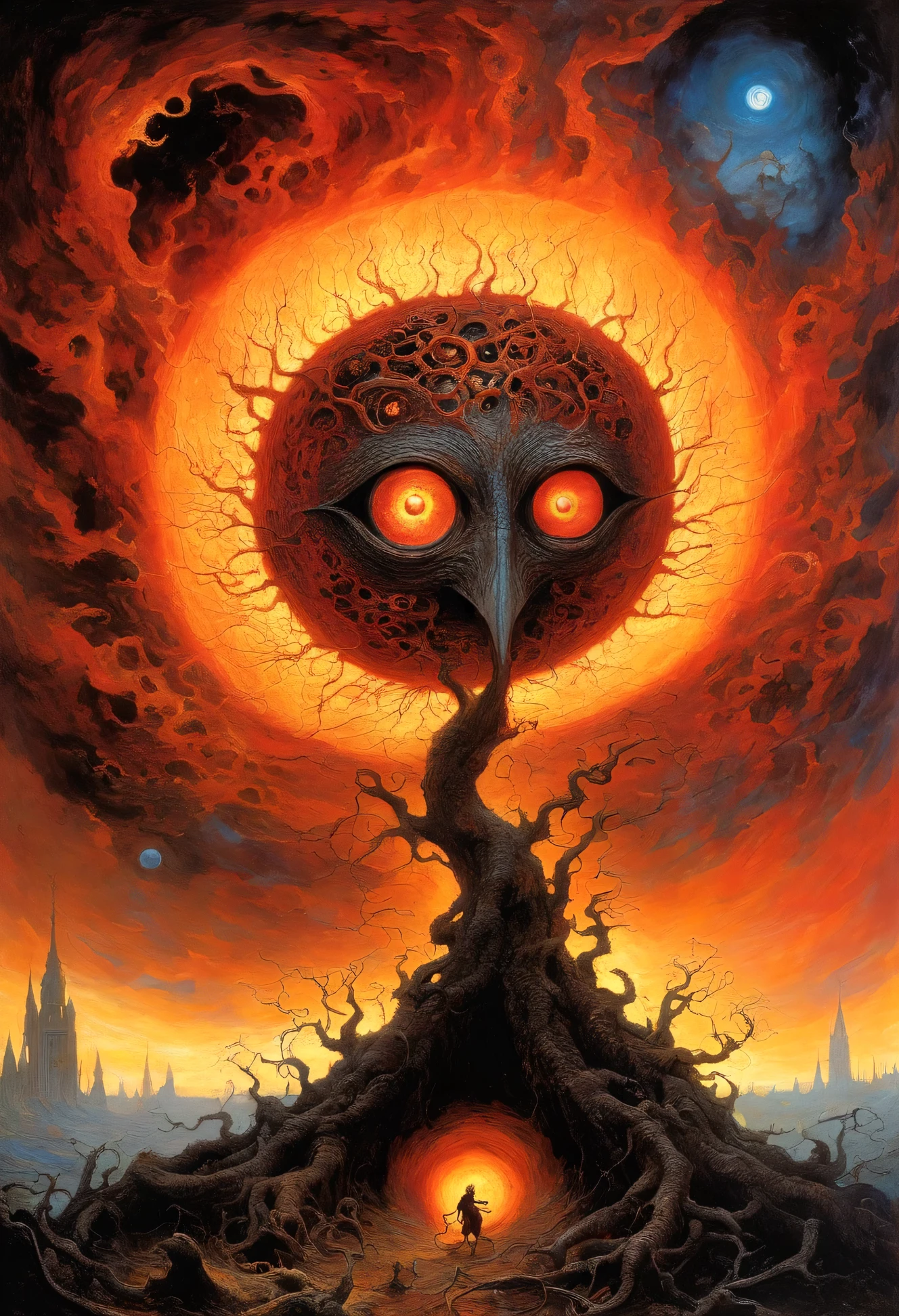 Mythical creatures, author: Dzislaw Beksinski and Vincent van Gogh, The Final Battle、universe、Azathoth、 black hole、world tree、Giant Eyes、Burning Dead 、hatred