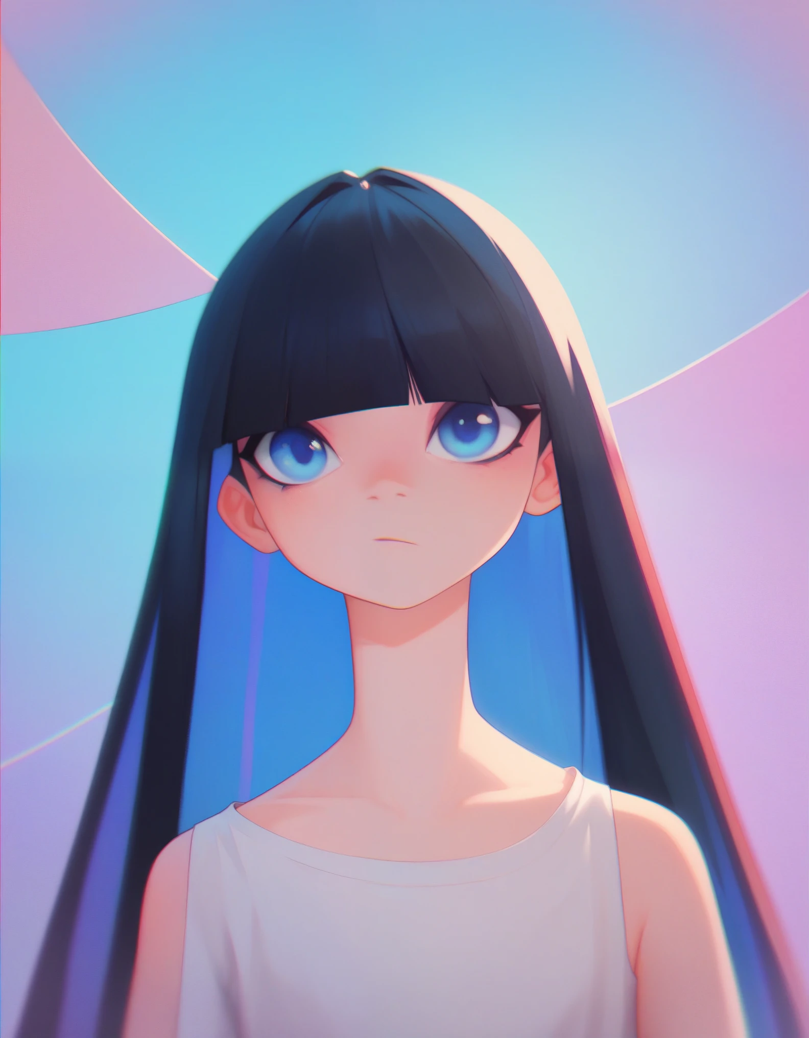 muse_style, score_9, score_8_up, score_7_up, hd, ultra hd quality details, 8K, 1girl, Lob (long bob), small , flat chest, Thin-legged body, blue eyes, Black hair, chromatic aberration, colorful, bright colors,, 2d illustration, pastel colors,