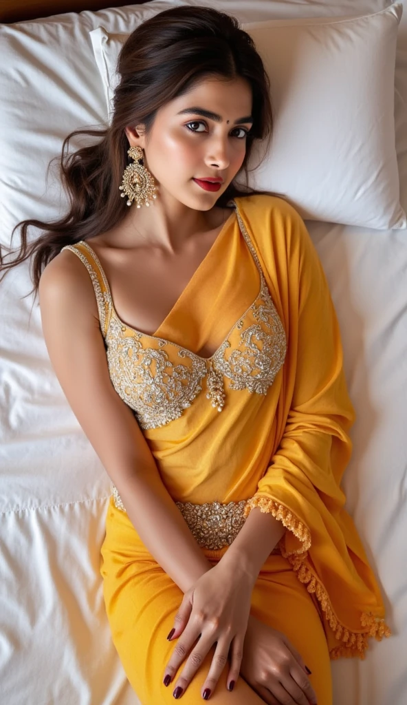 A beautiful Indian wearing saree with breasts popping out and waist completely visible laid flat on bed with head on pillow and looking straight at the camera, view from above, full body showing beautiful legs wide round hips, wearing jewelry and red lipstick, volumetric lighting, ambient lighting, bright bold colors, professional quality
