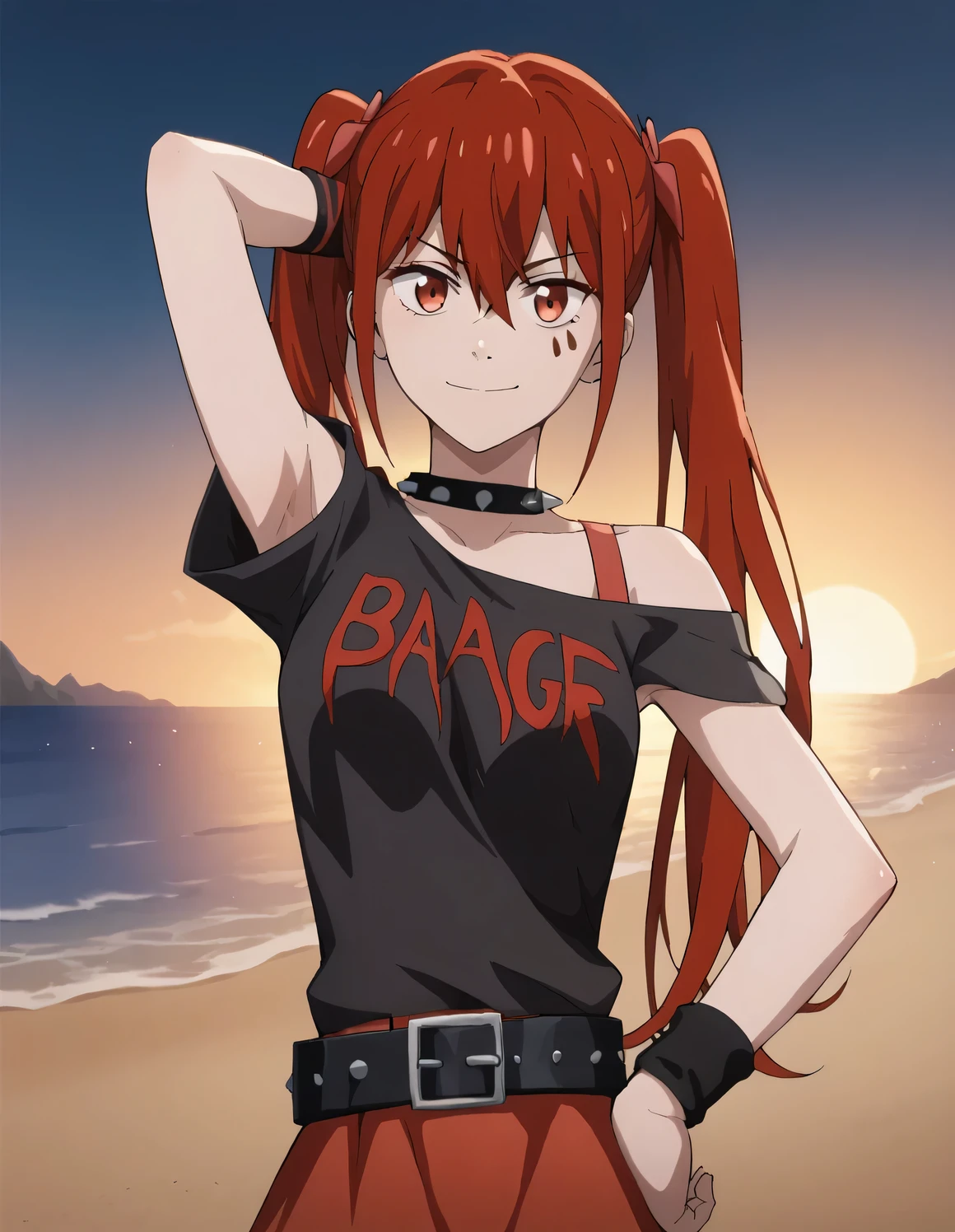 anarchy, long hair, red hair, twintails, red eyes, facial mark, bangs, hair between eyes, medium breasts,
skirt, shirt, bare shoulders, belt, off shoulder, collar, black shirt, red skirt, wristband, spikes, off-shoulder shirt, spiked collar, high quality, closed mouth, looking at viewer, smile, showing armpit, solo, {contrapposto}, spread armpit, arm behind head, hand on hip, cowboy shot, night sky, beach, best quality