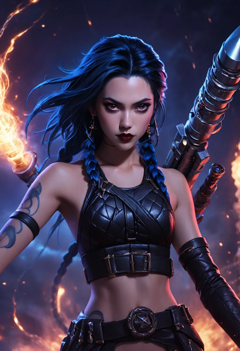   character in movie photos Devil  ((ohwx woman )),  blue braided black hair  ,  colorful makeup ,    inspired by Arcane  ,  majesty , He would have ,   holding a stylized Arcane rocket . Jinx, masterpiece,  High Res,  anatomically correct ,  multiple rewards ,  best quality,  Textured Skin ,  super detailed,  high quality ,  alone, 