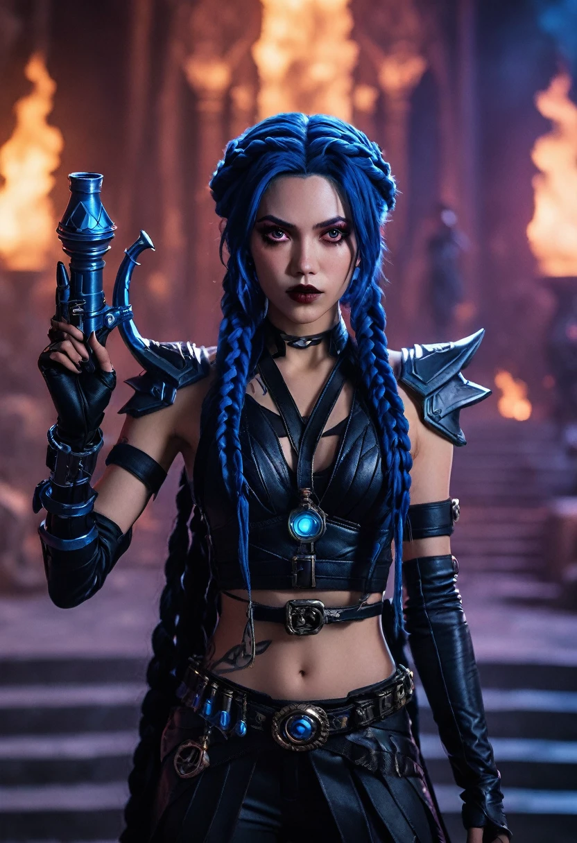   character in movie photos Devil  ((ohwx woman )),  blue braided black hair  ,  colorful makeup ,    inspired by Arcane  ,  majesty , He would have ,   holding a stylized Arcane rocket . Jinx, masterpiece,  High Res,  anatomically correct ,  multiple rewards ,  best quality,  Textured Skin ,  super detailed,  high quality ,  alone, 