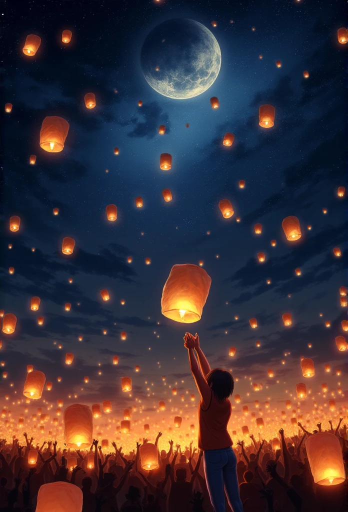 Countless sky lanterns floating in the night sky、Chiaroscuro、 lantern、 Wrapped in the full moon 、  Golden Particles Dance、 staring at the lightening lantern that is sent out with prayer 、Send out with prayer 、To the starry sky