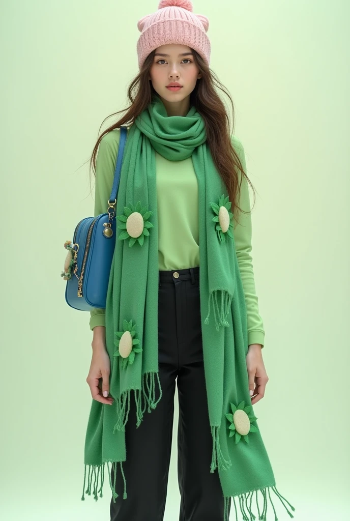 Beautiful girl with long hair, green four-breasted scarf, wearing a light pink yarn hat, green long-sleeved T-shirt, blue shoulder bag, black trousers, white sneakers