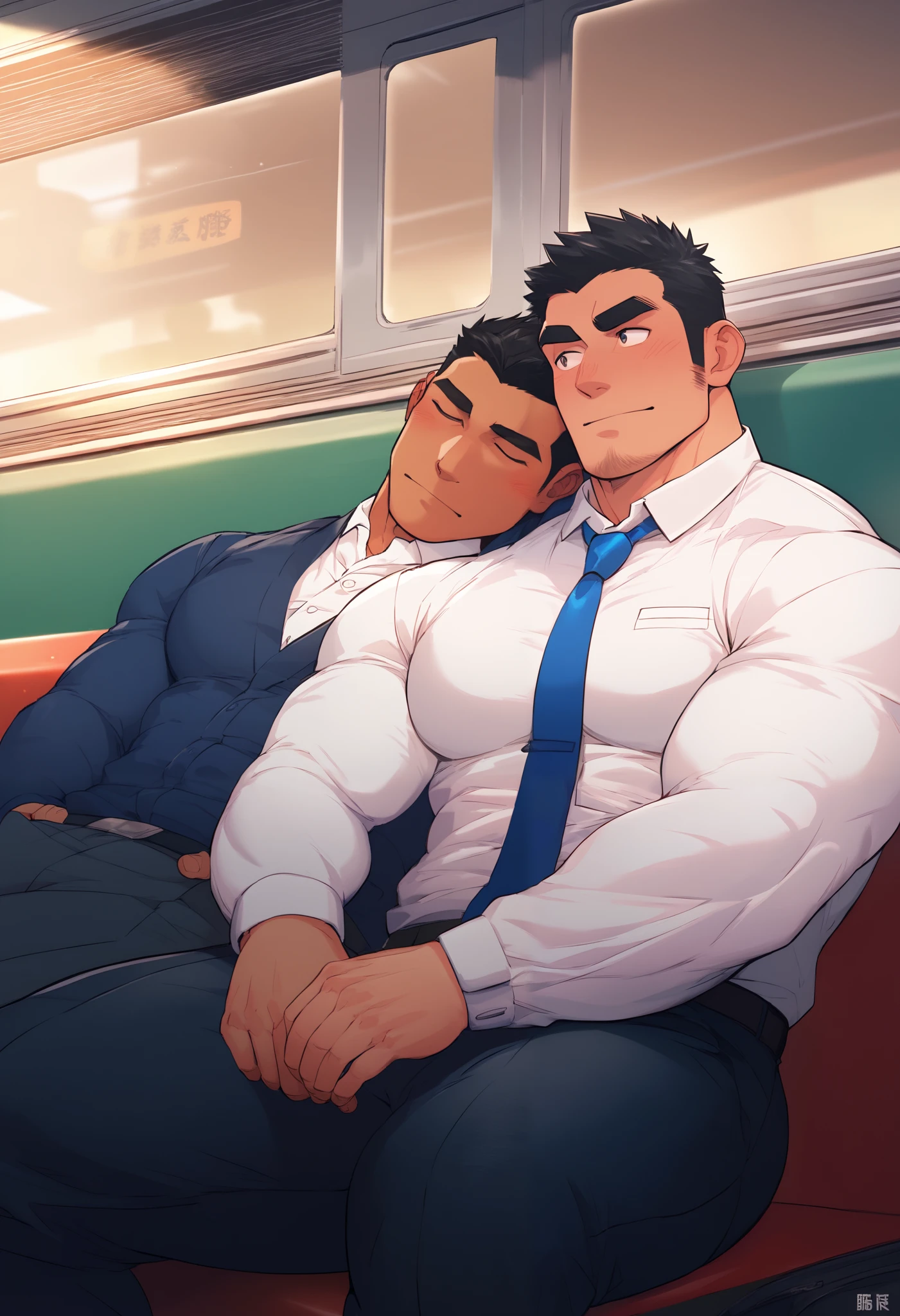 Masterpiece, Best quality, Male, Japanese, Black hair, Muscular, Beefy, Thick eyebrows, Dark skin, White long sleeve shirt, Shirt open, Black slacks, Blue tie, Train seat, Two people sitting next to each other, Two men, Train, Dozing off, Sleeping leaning against each other, Touching each other secretly, Blushing