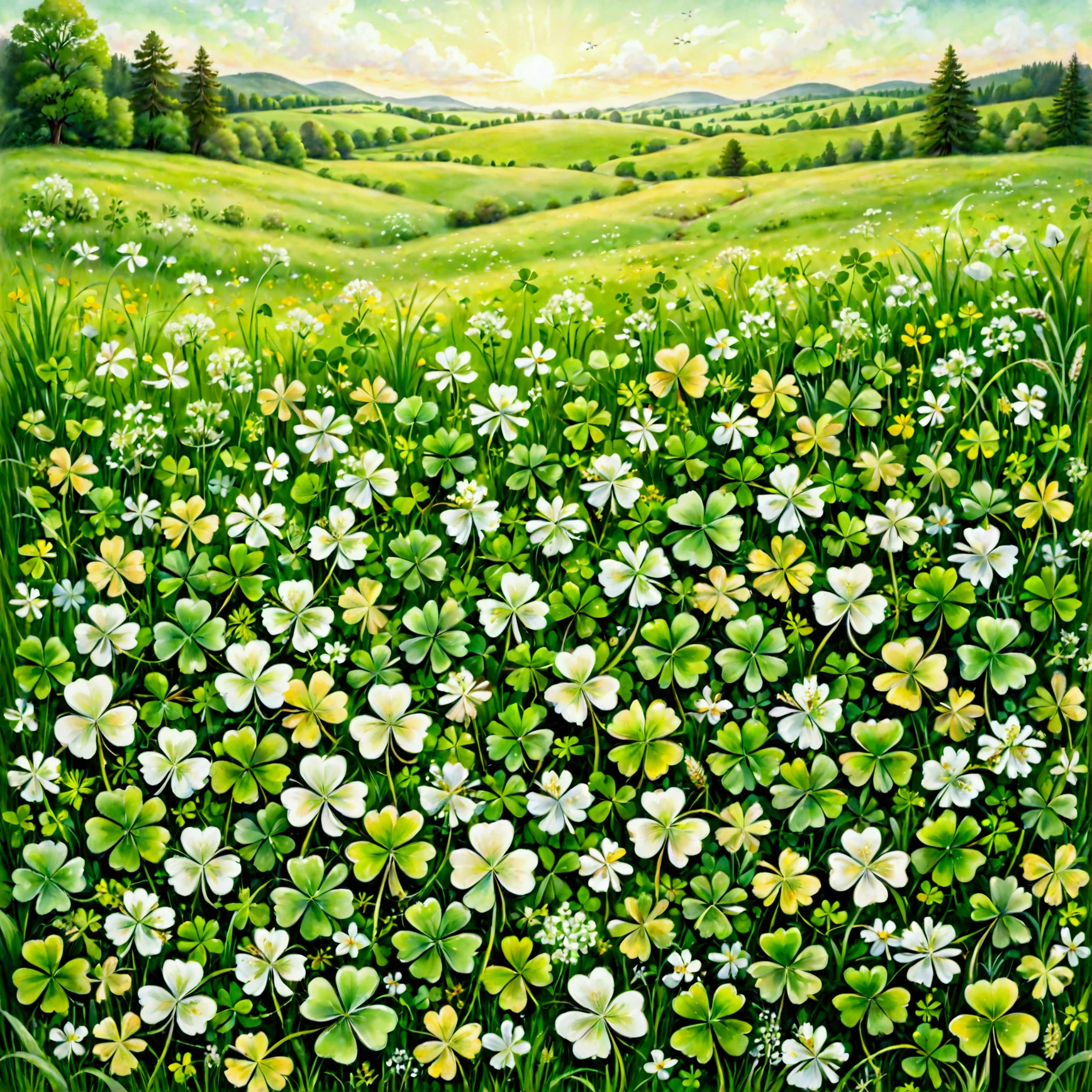 A serene, pastel-colored illustration of a meadow filled with four-leaf clovers, symbolizing a lucky charm. The meadow is lush with greenery, with an abundance of four-leaf clovers prominently standing out among the soft grass. The clovers are painted in gentle pastel shades of green, with some highlights in soft yellows and whites, giving the scene a calm, dreamy atmosphere. A warm, soft light bathes the meadow, enhancing the magical feeling of good fortune. The overall image is simple, peaceful, and filled with a sense of luck and tranquility, (four-leaf clover, lucky charm, meadow, lush greenery, pastel colors, soft green, soft yellow, white highlights, calm atmosphere, dreamy, magical light, serene, peaceful, simple, good fortune)