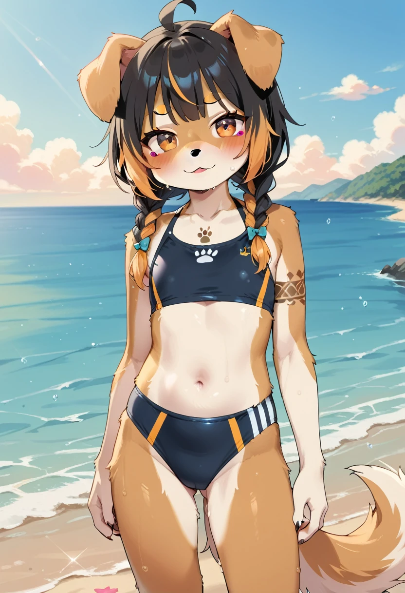 masterpiece, high resolution, best quality, baby body, baby height, flat chest, baby face, furry doggirl on the beach splashing in the water, black and gold swimsuit, dog ears, dog tail, multicolored hair, twin braids, piercing, makeup, tattoo