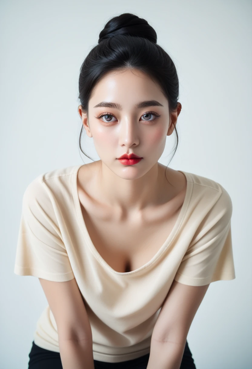 Black Hair、20 years old、(Best Quality), 4K, High resolution, masterpiece)、 (, slim:1.8, Pale skin:1.6), (small 顔:1.8, No makeup:1.8), Beautiful and detailed eyes(Symmetrical eyes, Big round eyes:1.8, Shining Eyes:1.6, Delicate eyebrows, Delicate eyelashes, Sagging under the eyes:1.2)、Off the shoulder、Strapless、bun、Beige T-shirt、nsfw、downblouse loose t-shirt leaning forward