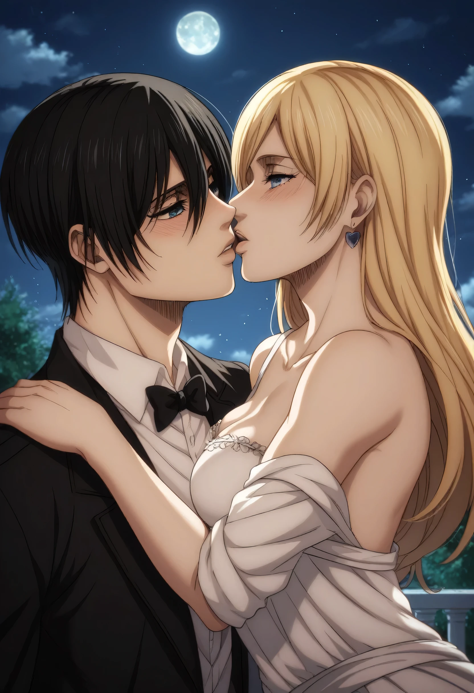 score_9, score_8_up, score_7_up, BREAK source_anime, historia reiss, blue eyes, blonde hair, long hair, medium breasts,Historia  beautiful wedding dress white,female black hair soldier with historia,Mikasa with historia are married ,mikasa wreanig black tuxedo,Mikasa female with short hair,mikasa female medium breasts,in night,moon in sky,mikasa final season,mikasa,Mikasa carries Historia hands،mikasa femboy,mikasa final season,historia blonde hair,mikasa carrying historia,Mikasa and historia in party in middle night,,mikasa final season,girls love,girl×girl,lesbians,yuri,romantic wallpapers,historia and mikasa laughs,both wreanig rings marriage,mikasa pixie cut hairstyle,historia royale wedding dress 👰,preview close character's,mikasa muscle almost appear on her black tuxedo,kissing each other,attack on titan graphics style,historia wearing beautiful royale Earrings, mikasa with tuxedo looks lustfully and manly 