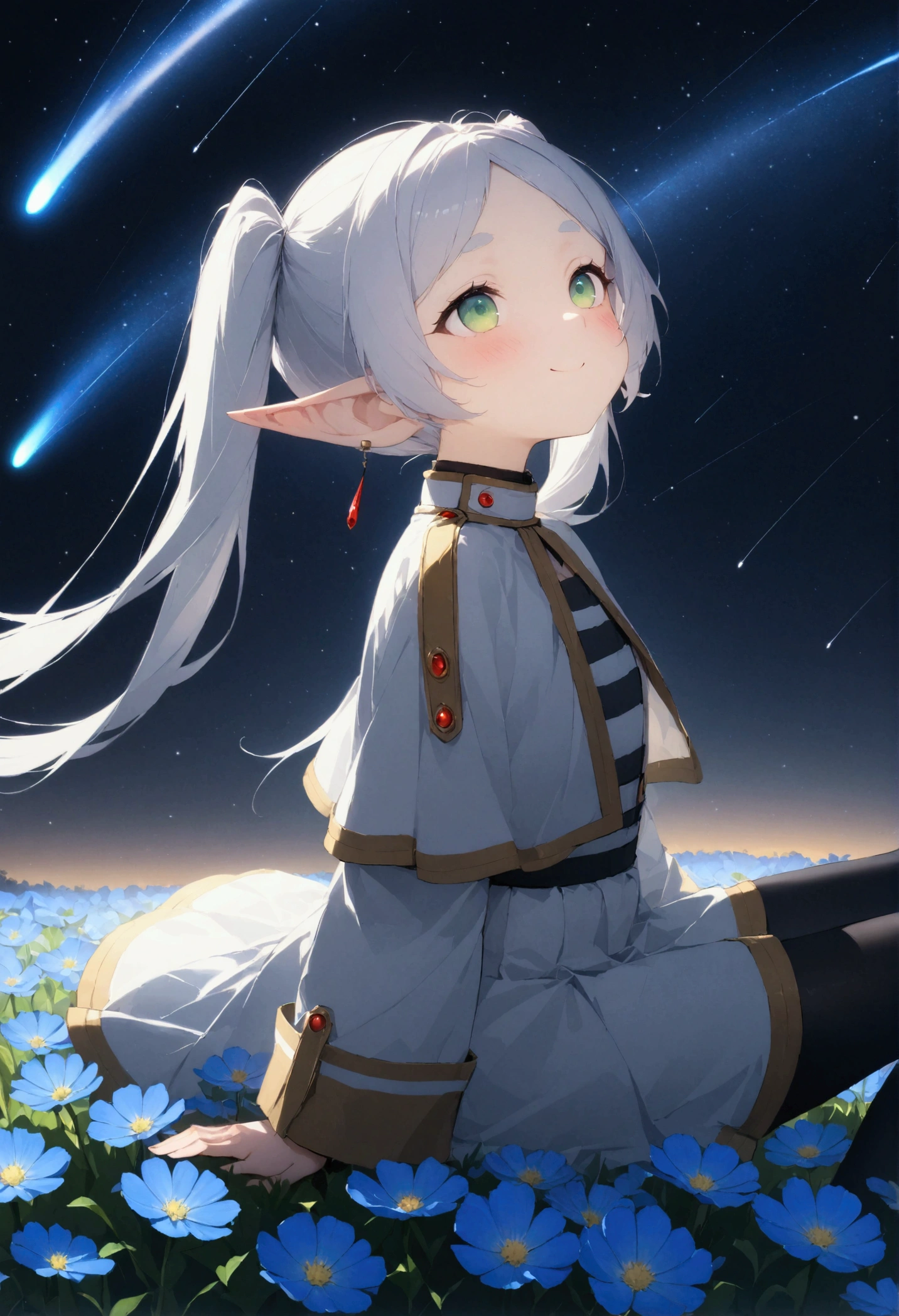  High image quality 、masterpiece、   high quality、Full HD、4K、画面の半分以上をNight Sky、 one girl sitting on the ground 、View from the side、 Funeral Freelen、 Silver Hair、 twin tails、Green Eyes、Elf Ears、 White Dress 、 striped inner、skirt with gold hem 、Black tights、 flat chest、Blushing cheeks 、 looking up at the sky 、Look Up、smile、Blue Flower Field、Standing in a flower field、Night Sky、 shooting stars、Meteor Shower