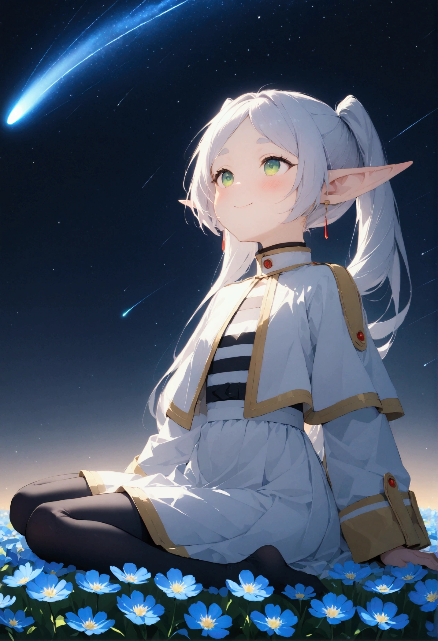  High image quality 、masterpiece、   high quality、Full HD、4K、画面の半分以上をNight Sky、 one girl sitting on the ground 、View from the side、 Funeral Freelen、 Silver Hair、 twin tails、Green Eyes、Elf Ears、 White Dress 、 striped inner、skirt with gold hem 、Black tights、 flat chest、Blushing cheeks 、 looking up at the sky 、Look Up、smile、Blue Flower Field、Standing in a flower field、Night Sky、 shooting stars、Meteor Shower