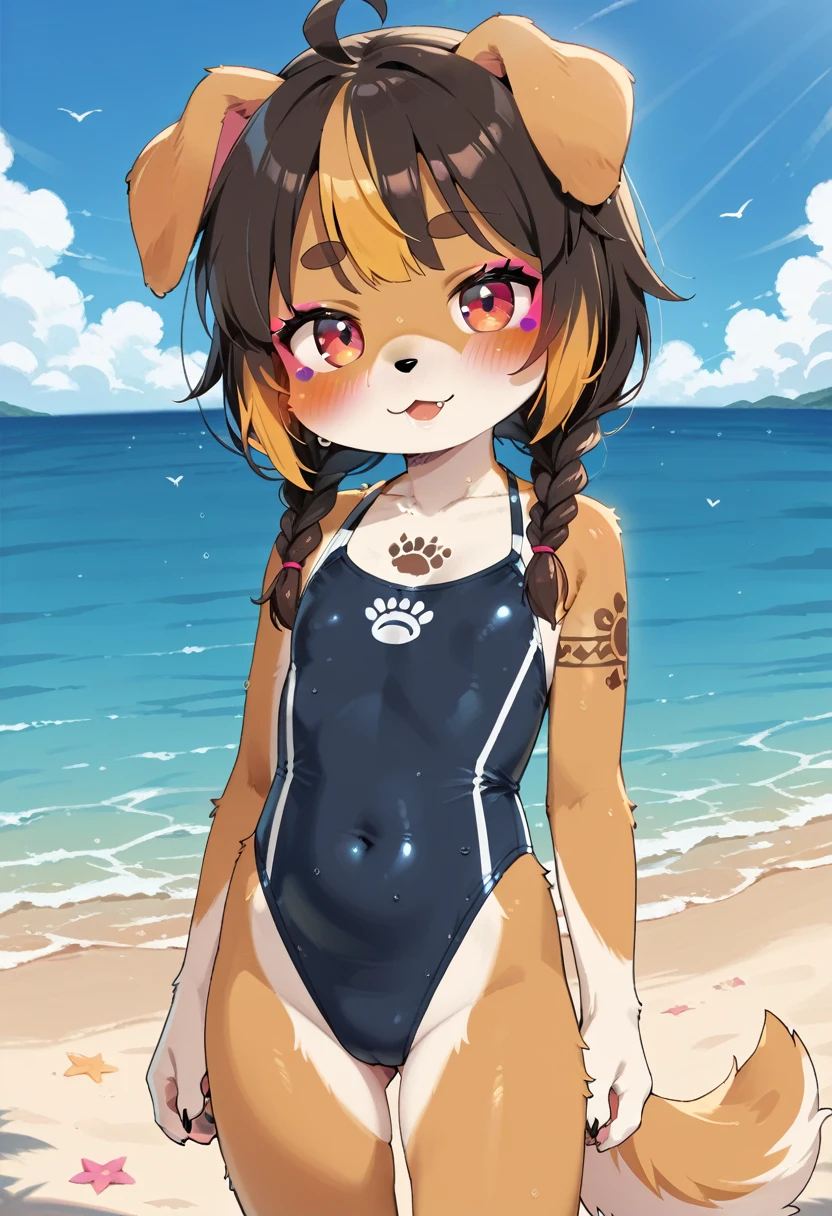 masterpiece, high resolution, best quality, baby body, baby height, flat chest, baby face, furry doggirl on the beach playing in the water, black and gold swimsuit, dog ears, dog tail, multicolored hair, twin braids, piercing, makeup, tattoo