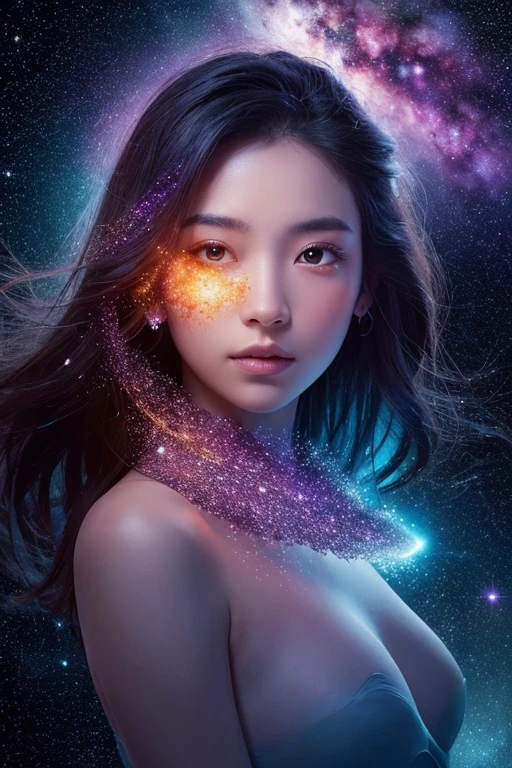 Digital art, image, hyper-detailed, complex composition, masterpiece, close-up, glow, abstract, surrealism, detailed, otherworldly, fantasy, soft pastel, natural volume, light, atmospheric, sharp focus, centered composition, professional photography, complex background, gentle fog, violet thunder, moisture rocks, raw bra. animalistic, beautiful, mysterious, supernova's fault