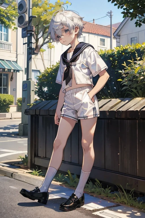 Silver Hair，White hair，Short hair，，Sailor Suit， shorts， Shota，cute，Small，short，White Socks，leather shoes，outdoor，mischief，Bear  ， very bad ，Bad boy