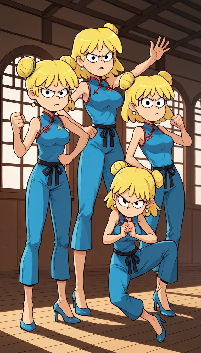 lori loud, 3girl, trio, 24yo girl, blue cheongsam,  inside of a chinese style temple, large breasts, looking at viewer, blonde hair, short hair, two hair buns , hands  score_9, score_8_up, score_7_up, high heels,teep fighting stance,martial arts, long pants, triplets