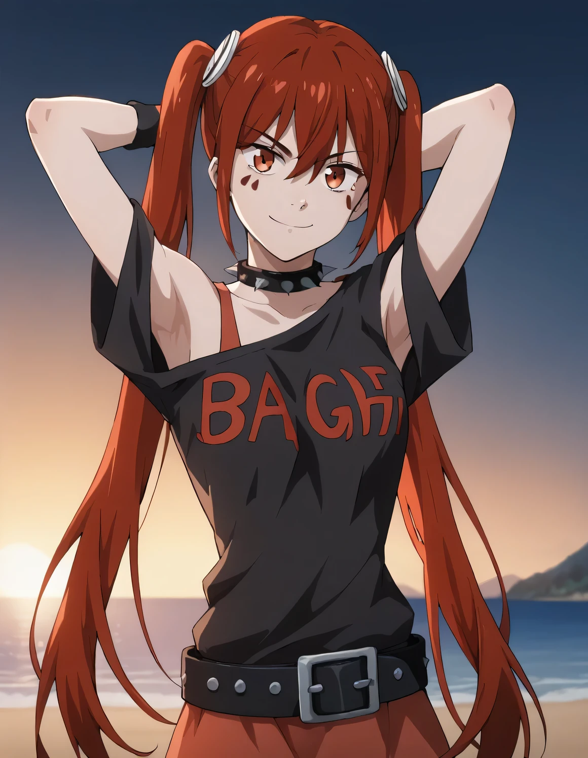 anarchy, long hair, red hair, twintails, red eyes, facial mark, bangs, hair between eyes, medium breasts,
skirt, shirt, bare shoulders, belt, off shoulder, collar, black shirt, red skirt, wristband, spikes, off-shoulder shirt, spiked collar, high quality, closed mouth, looking at viewer, smile, showing armpit, solo, {contrapposto}, spread armpit, arms behind head, cowboy shot, night sky, beach, best quality