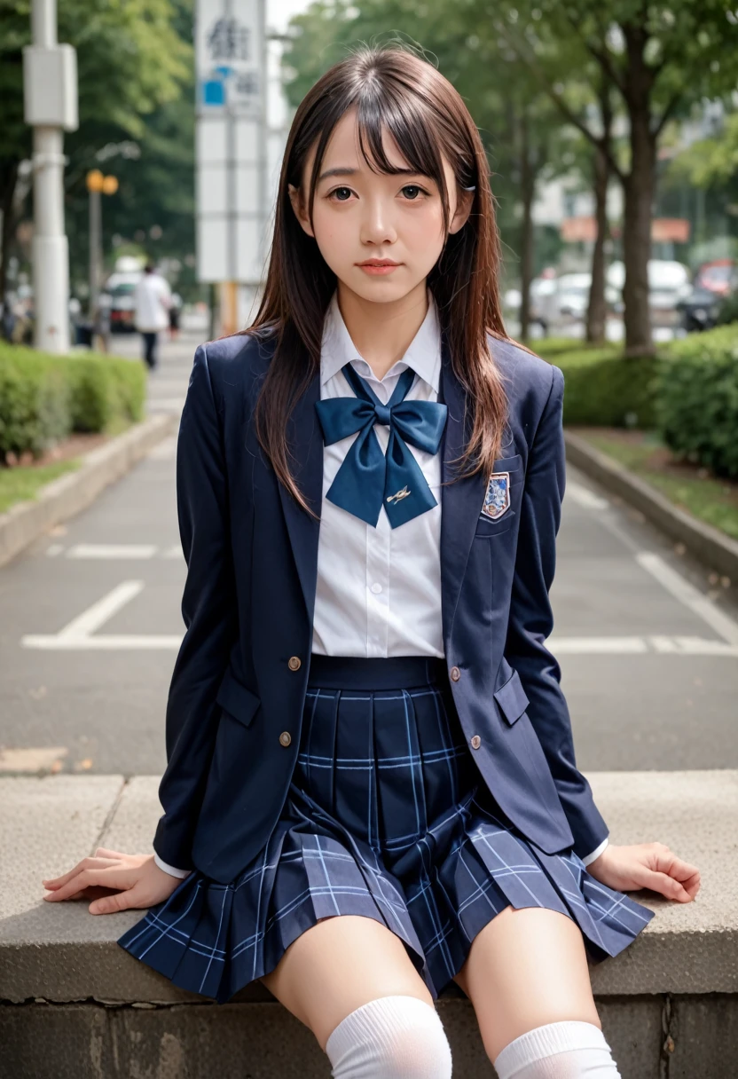 best quality,masterpiece,ultra high res,(photorealistic:1.4),raw photo,(Authentic skin texture:1.3),(film grain:1.3)A beautiful Japanese girl, Photo of Pretty Japanese idol (beautiful:1.1),Ultra-high resolution,Ultra high definition,,Wearing a skirt and knee-high socks, JK Uniform, Japanese School Uniform, Japan Girls' Uniform, Dressed as a high school girl, Girl in uniform, high school girl, Girl in suit