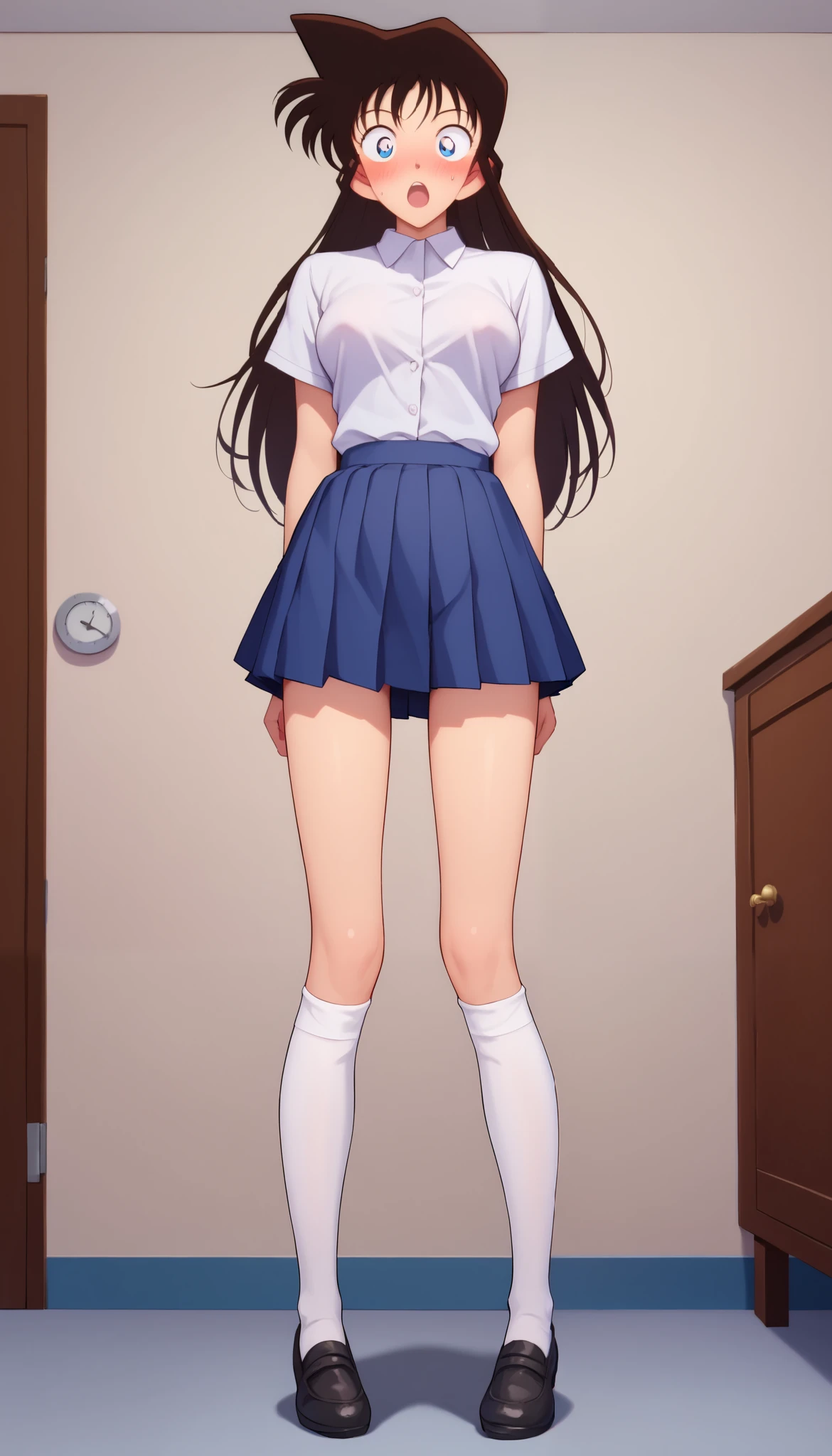 RanMoriDCXL, ran mori, detective conan, blue eyes, dark brown hair, blush, long hair, 1 pointed hair, bangs, ((thigh high socks)), medium breasts, slender body, ((tall body:1.2)), ((long legs)), ((very surprised)), ((stunned)), ((mad)), red face, disbelief, irks, mouth wide open, short sleeve white shirt, tuck out shirt from skirt, top button undone shirt, blue pleated short skirt, white stockings, black shoes, solo, standing, looking at viewer, indoors, facing viewers, front view, full body front view, straight front no angle, zoom out, one hand on chest, standing straight, fully button shirt, close shirt