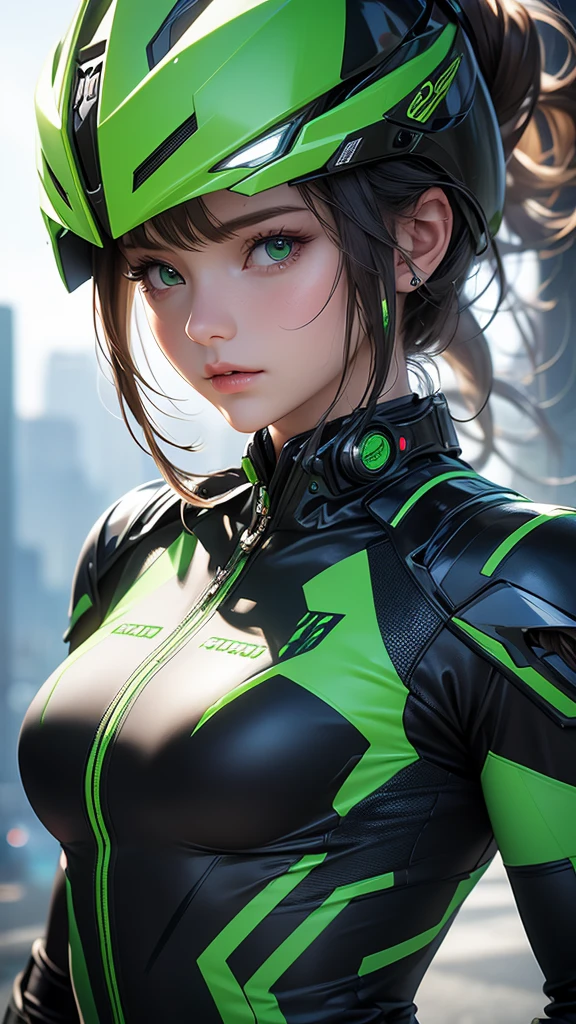   High Quality , Outstanding details,  super high definition, ( realism: 1.4),  best illustration, ,  one very condensed girl in a racing suit,   Reality Manipulation Scenario with Delicate and Beautiful Faces ,  wearing a black and green mecha ,  wearing a mecha helmet ,  holding a direction control device ,  Wearing,  The background dressed in 、 high-tech lighting scene in a futuristic city. Surreal illustration, Surreal rendering, Clean digital rendering, Photorealistic rendering, Surreal illustration