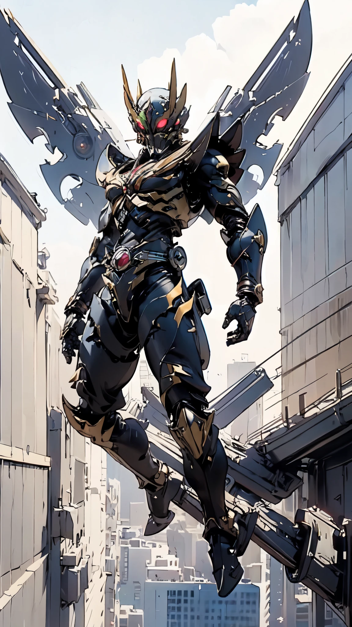 (masterpiece:1.5, best quality:1.5, extremely delicate:1.5), ((male:1.5)), a man wearing a full-face helmet, green eyes, fantasy-style high-tech biomimetic armored combat suit, (a composite layered chest armor), the design balances heavy with agility, fully enclosed shoulder guards, matching arm and leg guards, a belt of gemstone, (the color scheme is primarily White with Blue and Red accents, Organic Biotech, Concept Inspired by Skull, glowing eyes, armor glows, stand of a futuristic sci-fi city), this character embodies a finely crafted fantasy-style armored hero in anime style, exquisite and mature art style, metallic, high definition, highres, ultra-detailed, ultra-fine painting, professional, perfect body proportions, golden ratio, anatomically correct, symmetrical face, extremely detailed eyes and face, high quality eyes, creativity, RAW photo, UHD, 32k, Natural light, cinematic lighting, masterpiece-anatomy-perfect