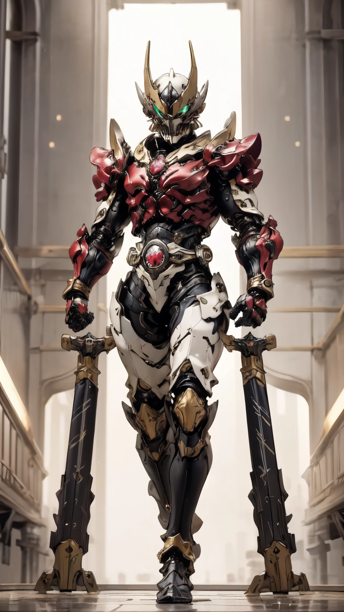 (masterpiece:1.5, best quality:1.5, extremely delicate:1.5), ((male:1.5)), a man wearing a full-face helmet, green eyes, fantasy-style high-tech biomimetic armored combat suit, (a composite layered chest armor), the design balances heavy with agility, fully enclosed shoulder guards, matching arm and leg guards, a belt of gemstone, (the color scheme is primarily White with Blue and Red accents, Organic Biotech, Concept Inspired by Skull, glowing eyes, armor glows, stand of a futuristic sci-fi city), this character embodies a finely crafted fantasy-style armored hero in anime style, exquisite and mature art style, metallic, high definition, highres, ultra-detailed, ultra-fine painting, professional, perfect body proportions, golden ratio, anatomically correct, symmetrical face, extremely detailed eyes and face, high quality eyes, creativity, RAW photo, UHD, 32k, Natural light, cinematic lighting, masterpiece-anatomy-perfect