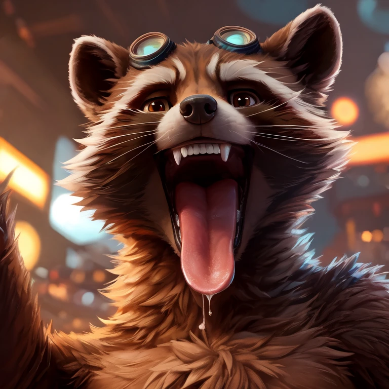 Uploaded by E621, ultra-high detailed, absurd res, RAW photo, (by thesecretcaves, by canson, by tcw), by oreocakes, by garnetto,(sharp focus:1),(rocket raccoon:1.3), furry, (fluffy fur), (neck tuft), beautiful cel shading, brown eyes, cinematic, detailed eyes, detailed irises, male focus,(handsome face:1.4), (wearing cyberpunk sci-fi goggles:1.3), (shirtless), (brown eyes:1.5), male focus, (detailed eyes), (detailed irises), (solo:1.3), ((perfect anatomy:1)), ((looking at viewer:1.5)), (smug grin), smug smile, view to viewer, perspective, finely detailed paws, mouth open tongue, (pov: looking into mouth), (looking at viewer)} ((beautiful) eyes: 1.1), (detailed eyes: 1.1), (detailed), good anatomy, detailed face, {(on bed), (mouth open very wide), (looking at viewer)}, (wide open mouth), (tons of spit and drool), (can see in mouth), (can see back of throat), (mouth focus: 1.3), (extreme close-up of mouth), (mouth yawning wide open), (light glow in back of mouth), (looming over), [background; (bedroom), (candles), (ambient lighting)] (best quality,4k,8k,highres,masterpiece:1.2), (ultra-detailed), (realistic,photorealistic,photo-realistic:1.37), nsfw, about to eat viewer, vore