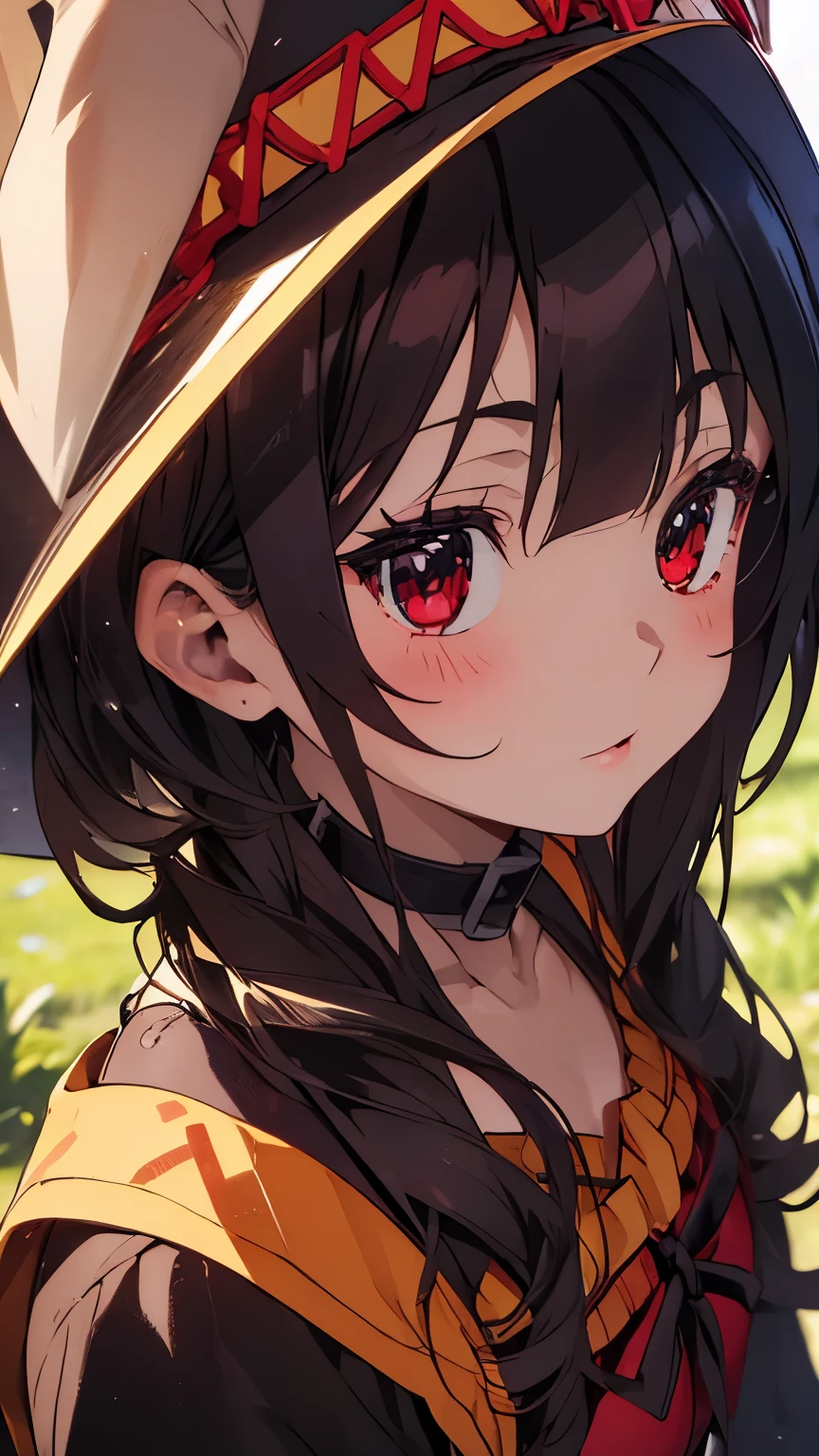 megumin,sexy detailed face,cute detailed face,extremely detailed eyes and face,long eyelashes,best quality,hdr,ultra-detailed,professional,vivid colors,portraits,warm tone,studio lighting, long shot, grass scenery 