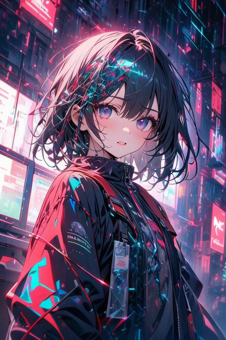 night, colorful cyberpunk city background, rain, street, maid girl, loli, blue eyes, white hair shining eyes, black stockings, backlit, glow, looking up audience, low angle lens, looking up lens, perfect composition, perfect light and shadow delicacy, 8k