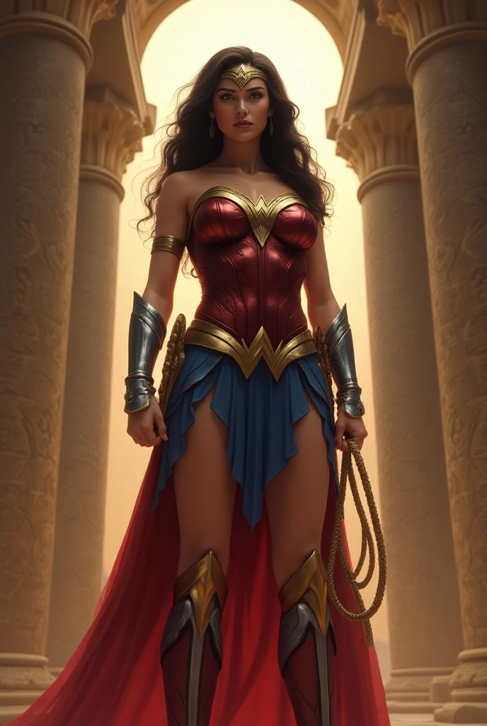 create gal gadot with long hair at hip height, full body photo of the world's most beautiful artwork with a beautiful woman dressed in an intricate outfit on the man on fire in the desert, iridecent, trend in ArtStation, CGSociety, Intricate, High Detail, Sharp focus, dramatic, photorealistic painting art by greg Rutkowski