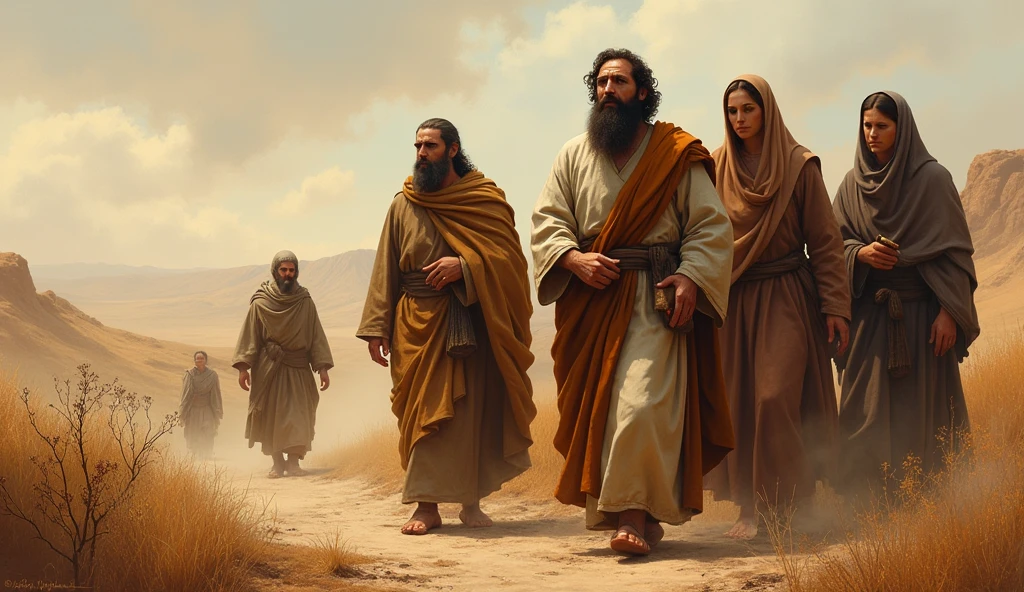 the people of Israel walking forward, fewer men and more women, in garments of different dull colors from the time of Jesus animated