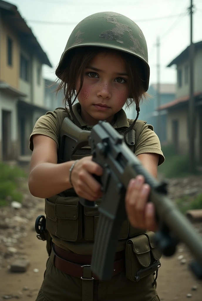 palestina de 10 anos, jovem corajosa, garota soldado, segurando AK47, Camisa preta, camouflage pants, cinematic photo, Fotografia 35mm, profissional, alta qualidade, altamente detalhado, cores vivas, Cabelo preto