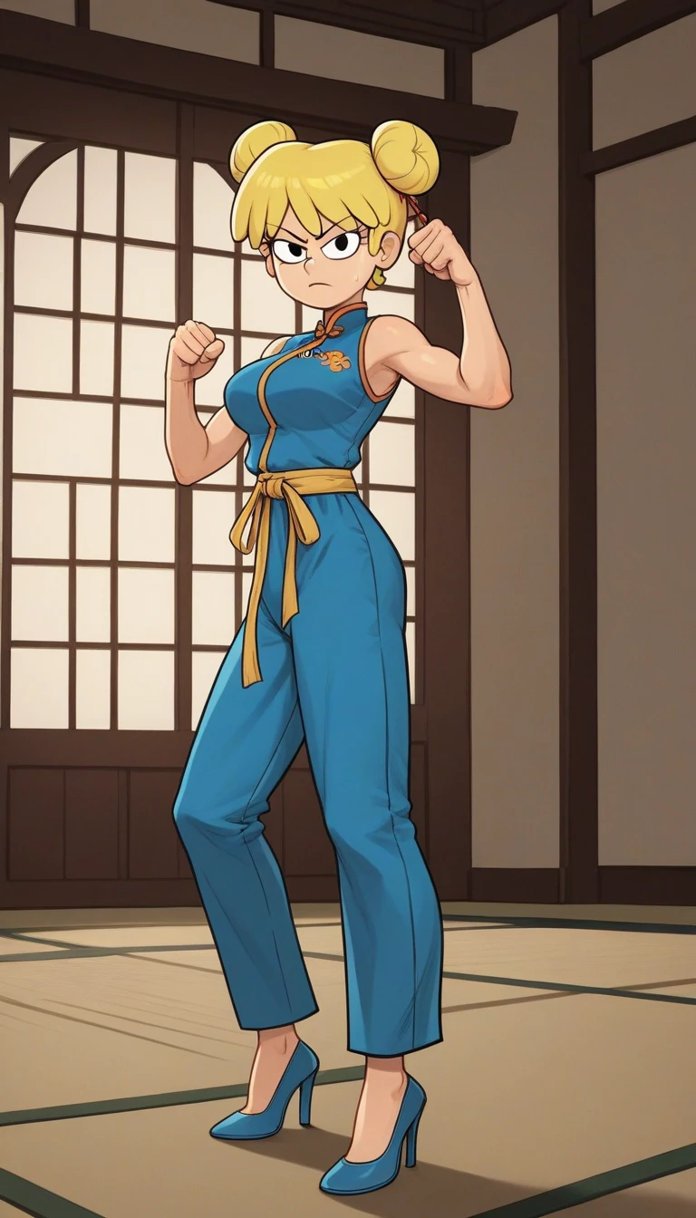 lori loud, 4girl, quatro, 24yo girl, blue cheongsam,  inside of a chinese style temple, large breasts, looking at viewer, blonde hair, short hair, two hair buns , hands  score_9, score_8_up, score_7_up, high heels,teep fighting stance,martial arts, long pants, quartets