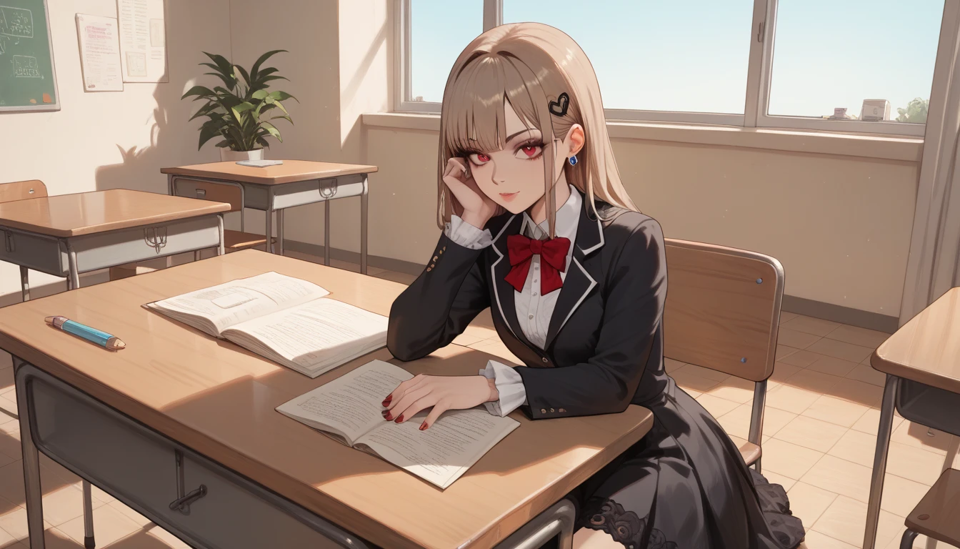 1girl, neuro-sama, red eyes, light brown hair, sitting modestly in a luxurious gothic dress at the school desk