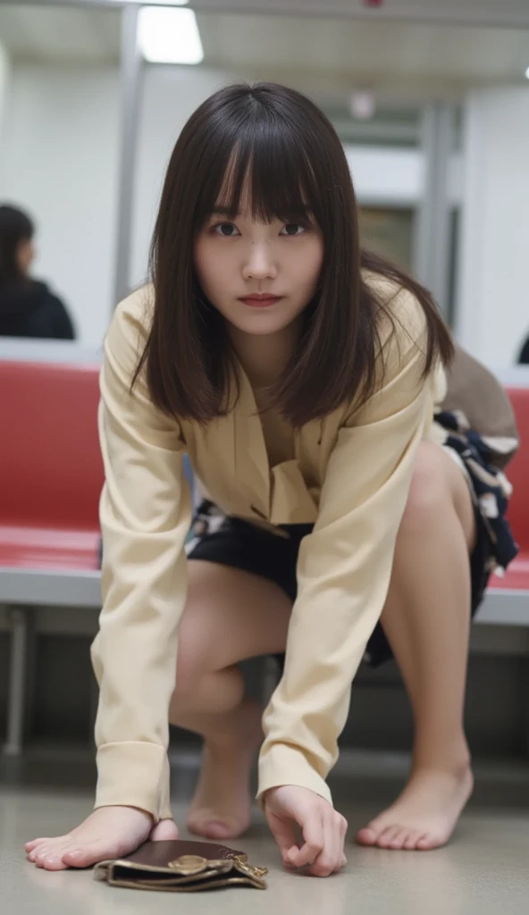 While commuting, wearing a blouse and miniskirt with a very open chest, she picks up a wallet that fell at her feet while standing and leaning forward、Photographed from the front of the body,