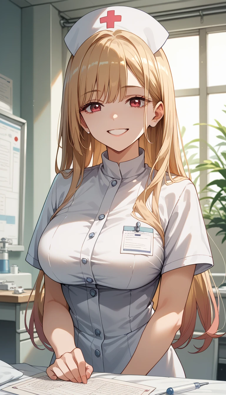 8k, Masterpiece, High Quality:1.2,  delicate illustration,  very detailed,One female,Kitagawa Marln,  bangs, kind, smile, Big Breasts, very nice,nurse,room