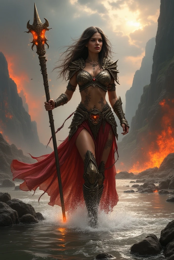 standing woman, female model standing on mountain, EAUTIFUL WOMAN on the mountain, sunset sky, red sunset clouds, sunset, long hair in the wind, eagle feathers, eagle queen, ((goddess ), fantasy, overexposure, perfect eyes, colors metallic, surreal art, full body, bare feet, view of mountainous horizon, lake in the distance, lady in the center of the scene, huge full moon in front of the sun, , ((dark clouds storm with lightning )), lightning strikes, ((light drizzle)), fog in the distance, goddess on top of the mountain, girl standing, ((toenails painted red)), ((flowers on top of the mountain )),