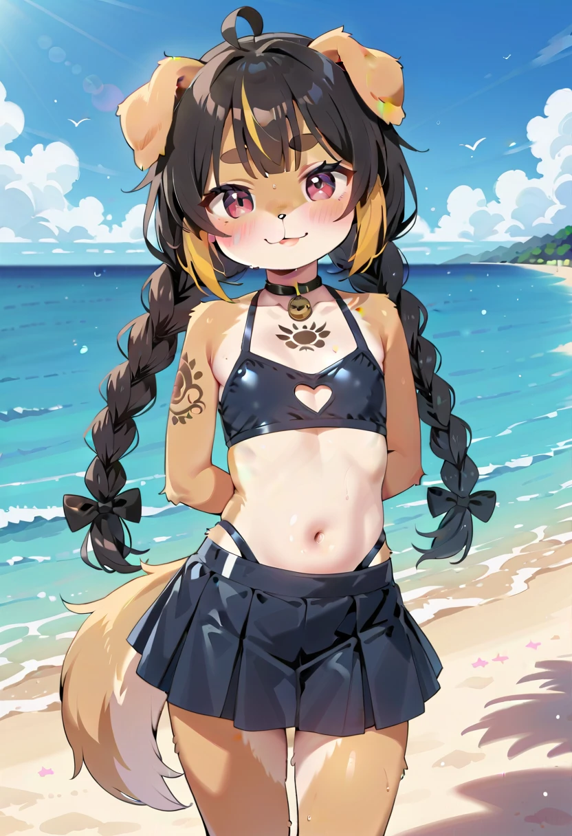 The two of them look a little young.、They are playing together naked。 The left side of the image、It has raccoon ears on its head、Her hair is blue-gray with a raccoon pattern.、The hairstyle is short、The look on the face「Kemono Friends３」Similar to the raccoon dog、The color of the eyes is auburn、Wearing a collar with a blue ribbon、In addition to the female genitalia, there is a penis、Has a raccoon tail on his butt。 The right side of the image、He has fox ears on his head、Her hair is orange-yellow and her bangs are slightly flipped outwards.、The hairstyle is long hair、The look on the face「Kemono Friends３」Similar to the Ezo red fox、The eye color is hazel、She wears a pink ribbon collar、In addition to the female genitalia, there is a penis、Has a fox tail on his butt。 The background is a tropical beach with palm trees.、A composition that includes both people&#39;s entire bodies in the image、Both of them are posing cutely、They are having lesbian sex while flirting on the beach。 Moe drawings using pen and watercolor。